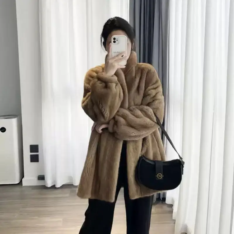 Luxury High Quality Mid-Length Fur Coat Women Winter Warm Faux Mink Jacket Windproof Cardigan Long-Sleeve Outerwear Thick Coats