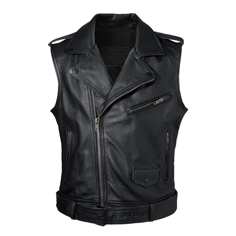 Classical Motorcycle 100% Cowhide Leather Vest Men's Oblique Zipper Genuine Leather Sleeveless Jackets Slim Motor Biker Vests