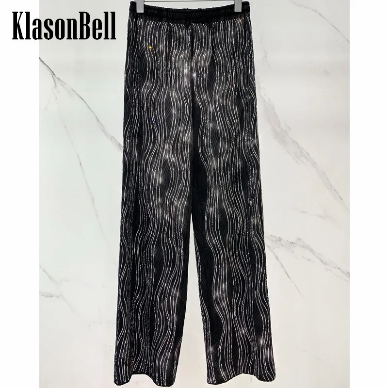 

8.6 KlasonBell Women's Fashion Bling Diamonds Black Trousers 2024 New Wave Pattern Elastic Waist Straight Pants