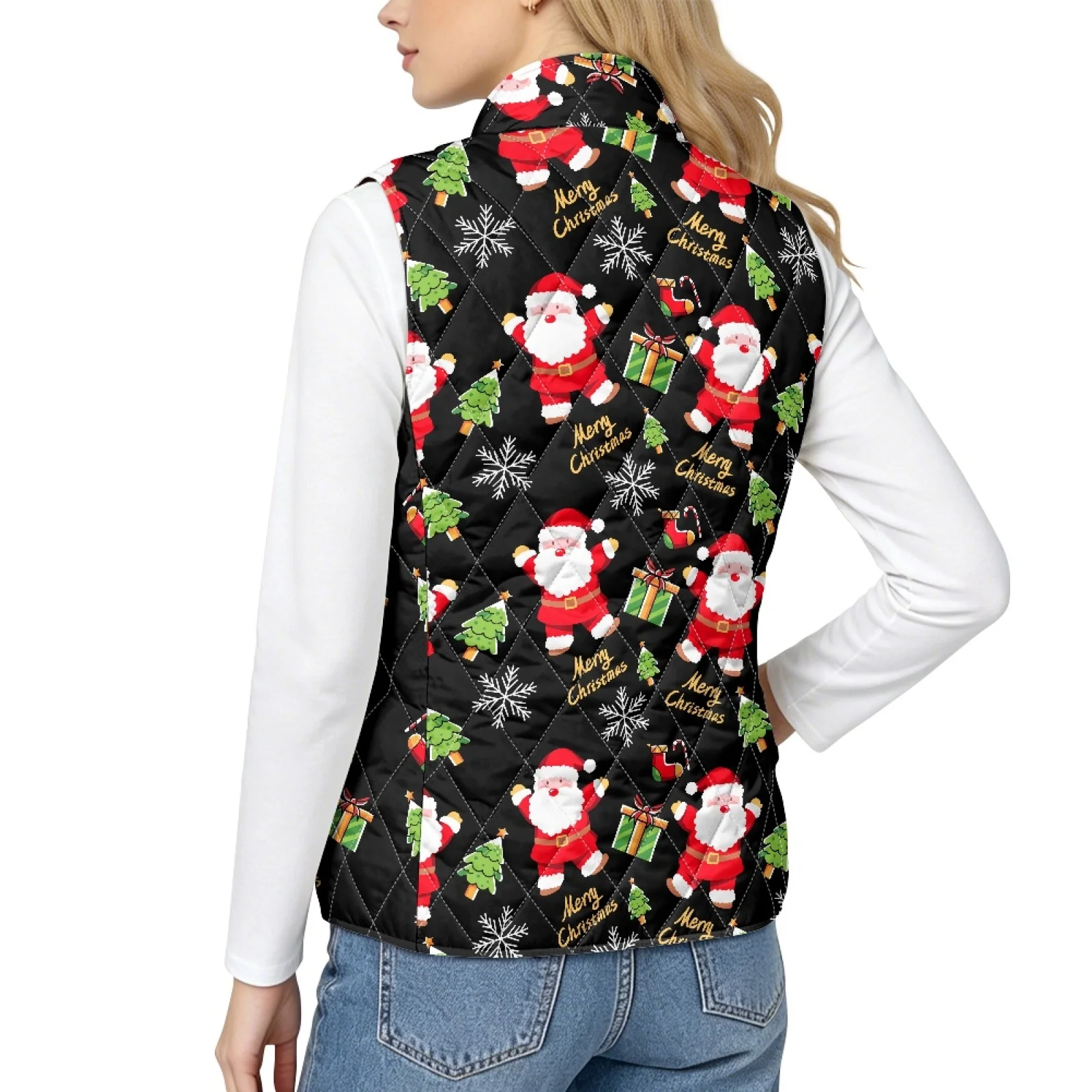 PENSTROLL Santa Claus Pattern Quilted Vest with Pockets, Quilted Gilet for Women Warm Casual Vest for Fall Winter Dog Walking
