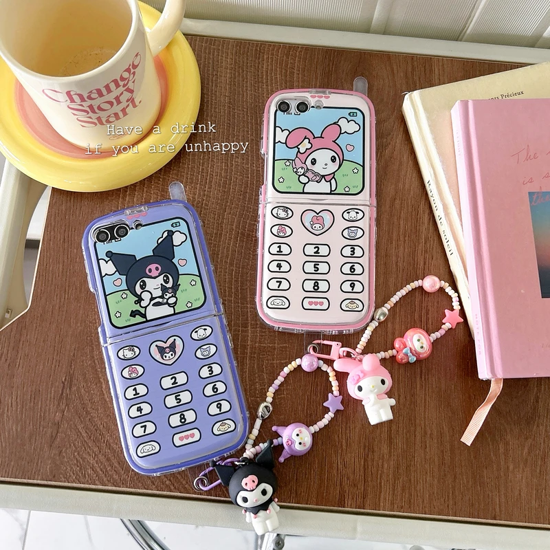 3D Cute Cartoon Sanrio Kuromi  Melody Phone Case For Samsung Galaxy Z Flip 6 5 Soft TPU Cover For Z Flip 3 4 With Lanyard