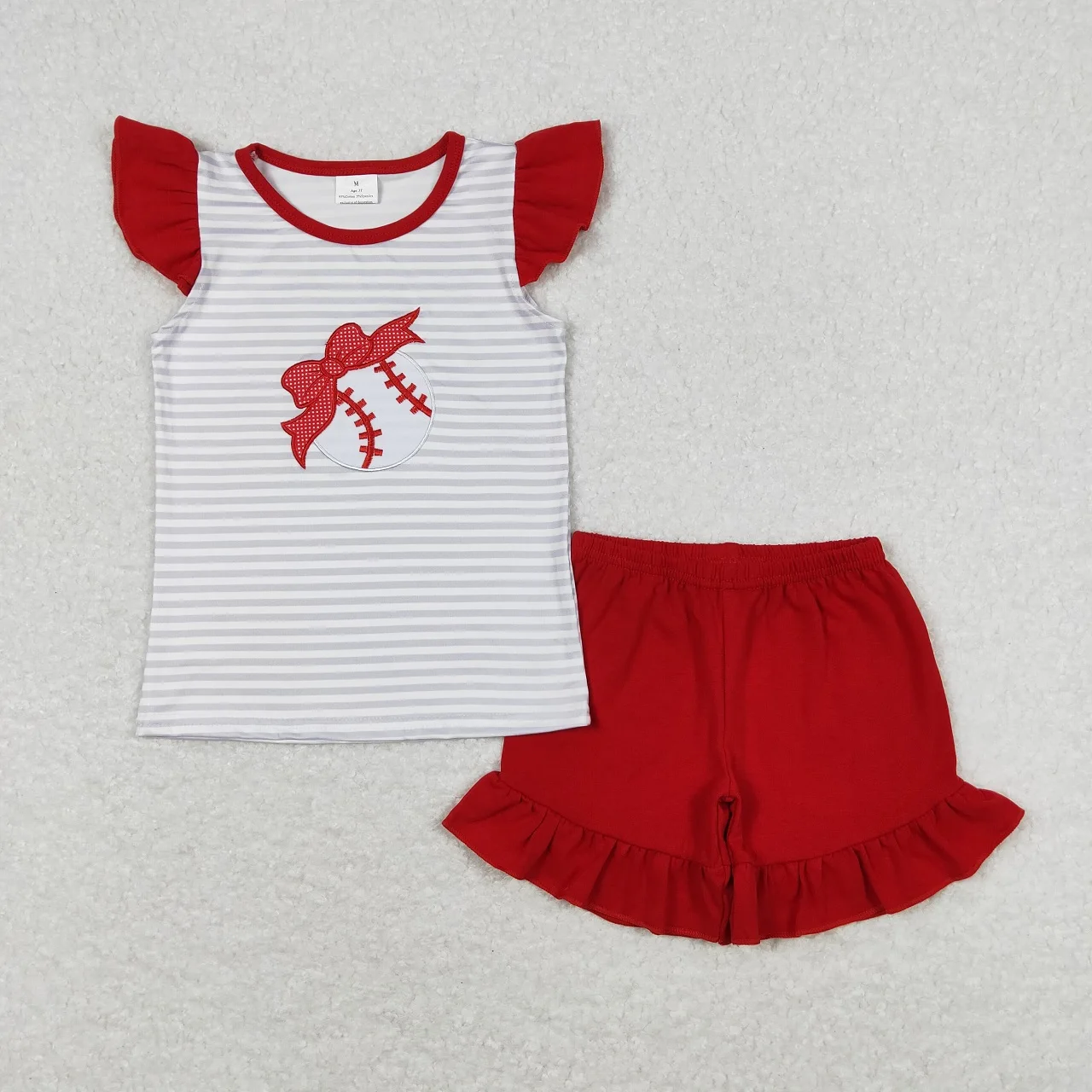 

Wholesale Kid Children Short Sleeves Embroidery Baseball Outfit Stripes Shirt Toddler Red Shorts Summer Baby Girl Two Pieces Set