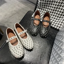 2024 Brand Design Genuine Leather Women's Casual Ballet Flats Black Crystals Mary Jane Shoes for Women High Quality Big Size 43