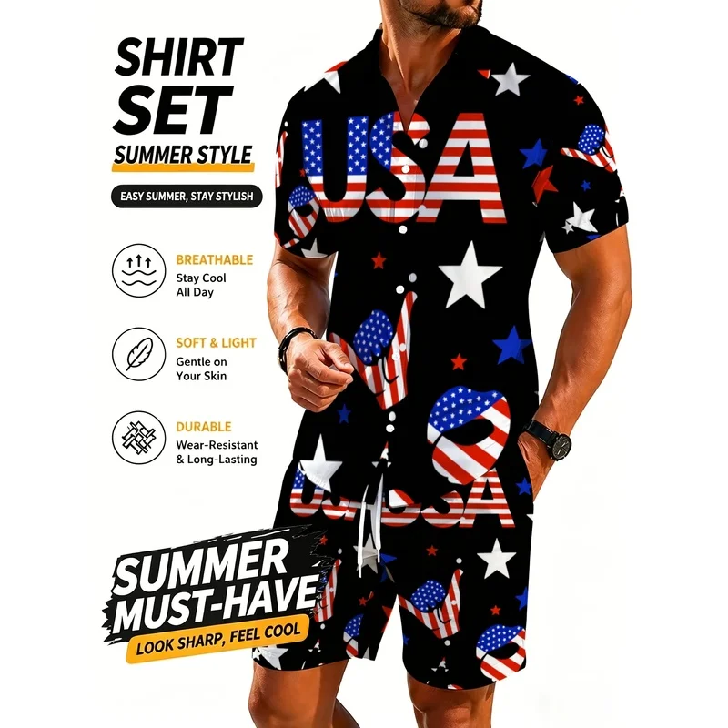 US Flag Printed Men's Short Sleeve Shirt Pants Set Lightweight Polyester Casual Wear Beach Party Outdoor Star Pattern Outfit - view 2