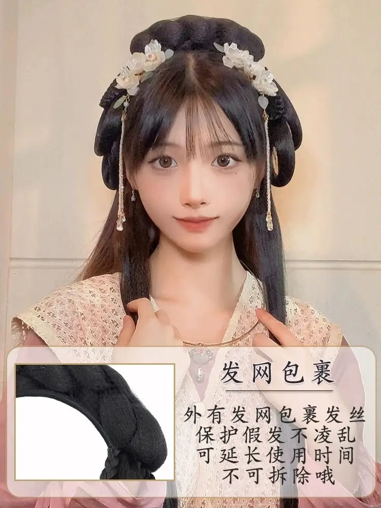 Ming Dynasty Hair Hoop - All-in-One Costume Wig with Built-in Bun for Beginners Historical Chinese hair accessories