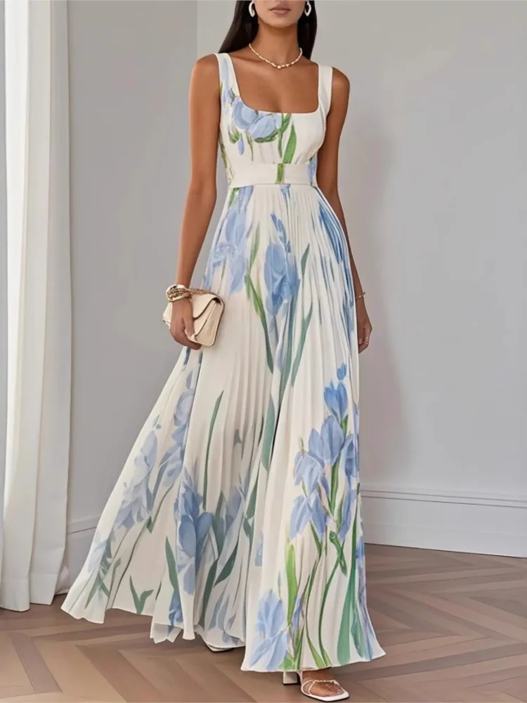 2026 Damen Ärmelloses Sommerkleid mit Trägern, Elegantes Blumenmuster, Plissiertes Langes Kleid, Sommerkleid mit Quadratischem Ausschnitt und Hoher Taille für Partys