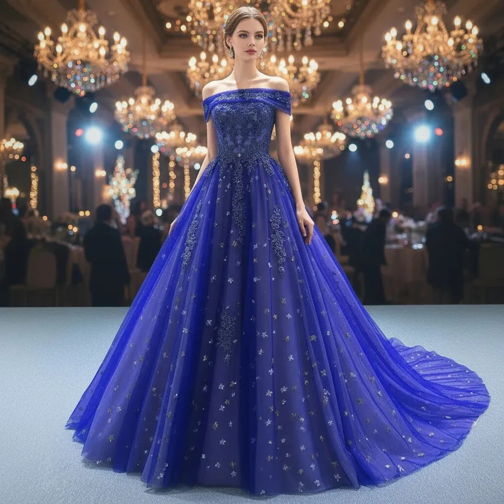 

Rosymae Royal Blue Maxi Prom Dress Elegant Straight Neck Design Beaded Lace Appliqué Flowing Silhouette for Formal Occasions