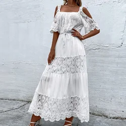 Elegant Retro White Lace Jacquard Women Dress Office Ladies Temperament Off Shoulder Maxi Dresses 2023 Long Evening Party Dress