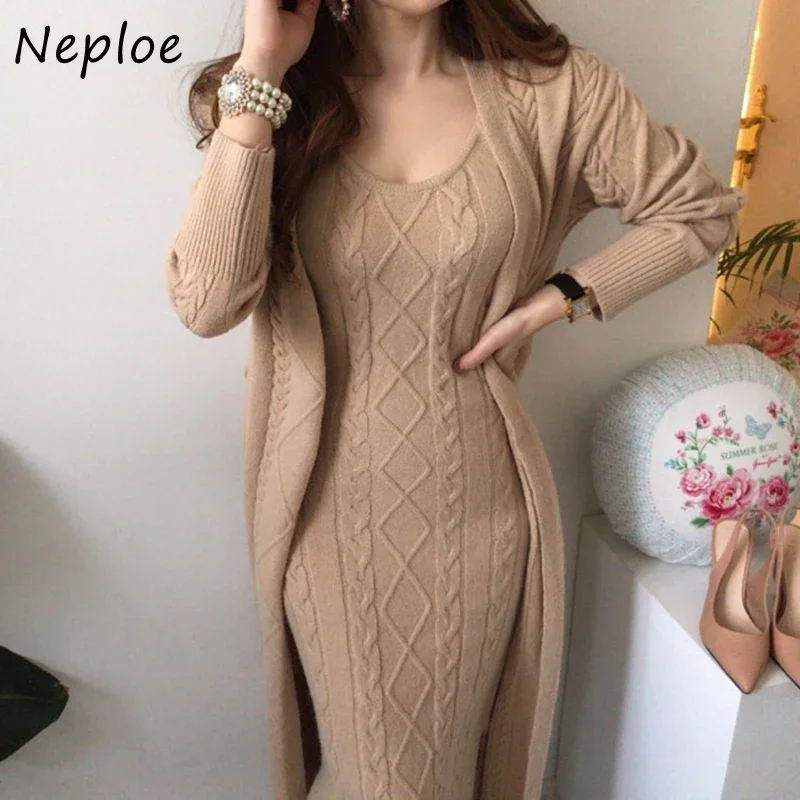 Neploe Elegant Chic Argyle Twist Patchwork Cardigans Casual Solid Color Sweater Dress Drawstring Slim Waist Women Dresses Coat