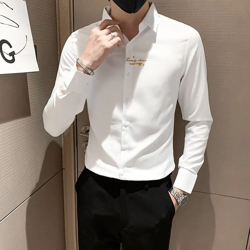 Business Casual Button Embroidery Solid Formal Man Handsome Shirts Spring Summer Thin Turn-down Collar Office Men\'s Clothing