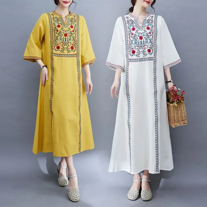 

Embroidery Chinese Style Women's Dresses New Cotton Linen Short Sleeves Summer FASHION Women Vintage Loose Clothing YCMYUNYAN