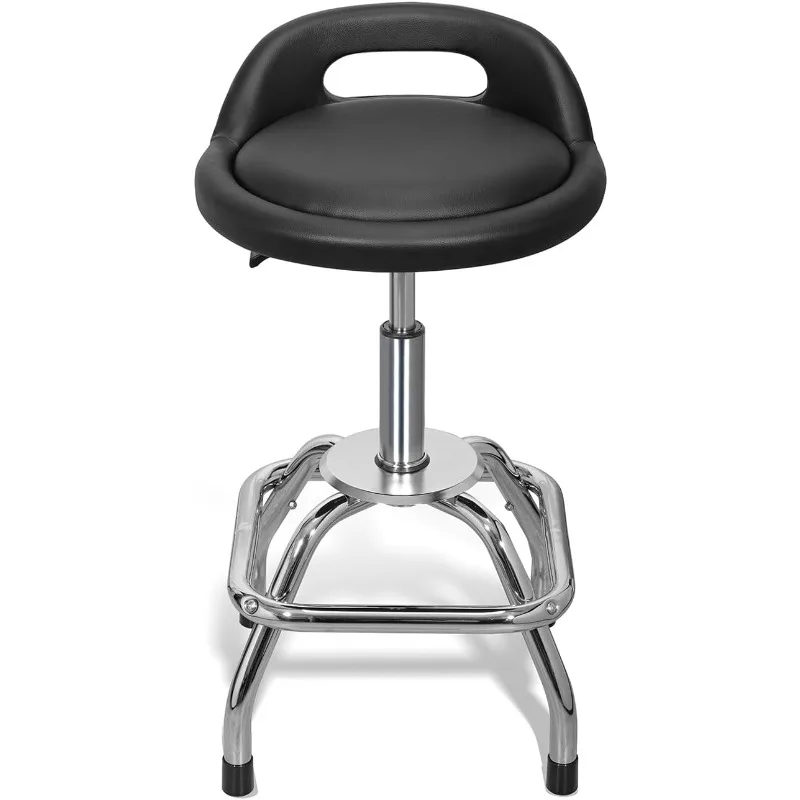 Tabouret Roulant Rond en Cuir PU avec Rembourrage et Support Lombaire, Réglable, Chromé, 28 Pouces