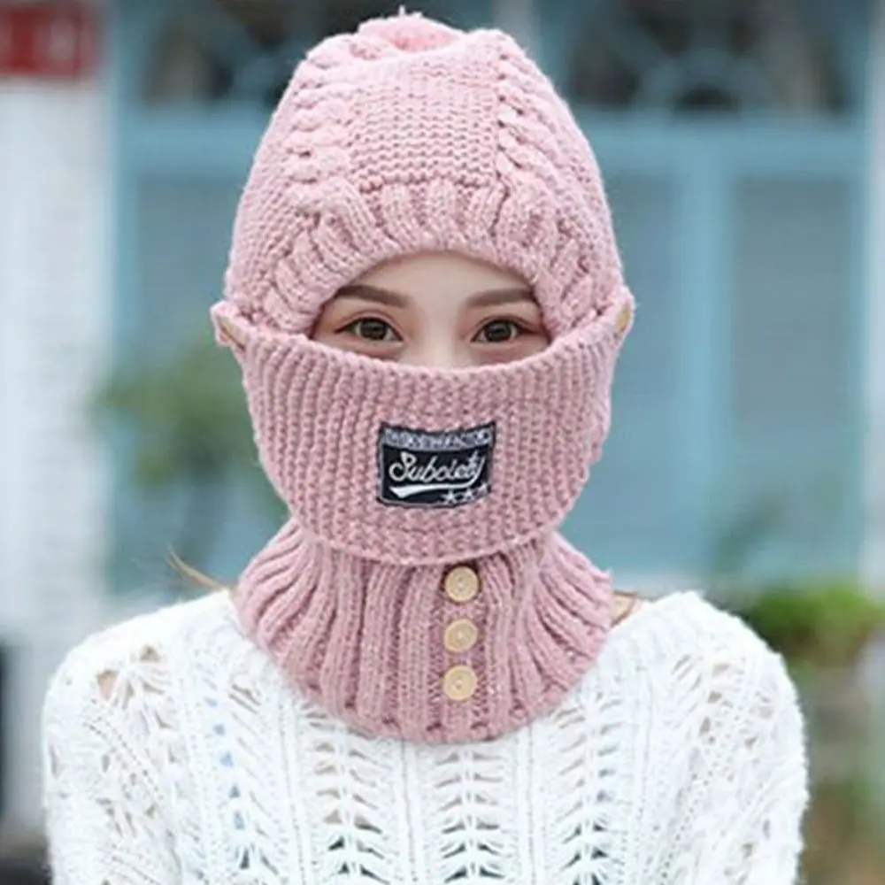 Knitted Integrated Cap Scarf Winter Warm Thickening Ear Protection Cap Soft Windproof Neck Warmer Women