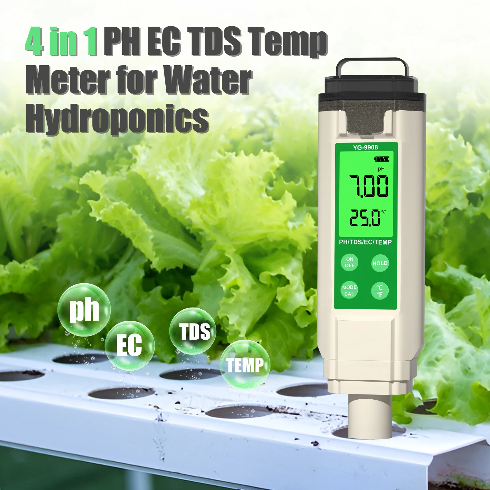 Handheld 4 in 1 PH Meter Temp TDS EC ppm Water Hydroponic Nutrient Analyzer Digital LCD pH Tester for Aquariums Drinking Water