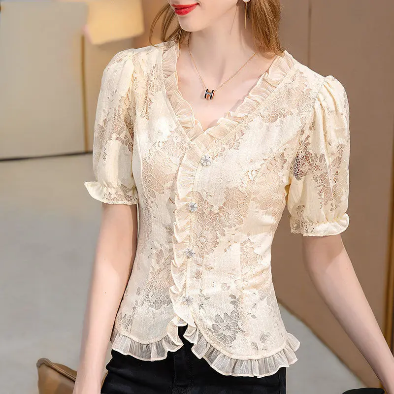 

Women Summer Lace Hollow Out V-neck Solid Color Short Sleeve Chiffon Shirts Ladies Simplicity Office Lady All-match Casual Tops