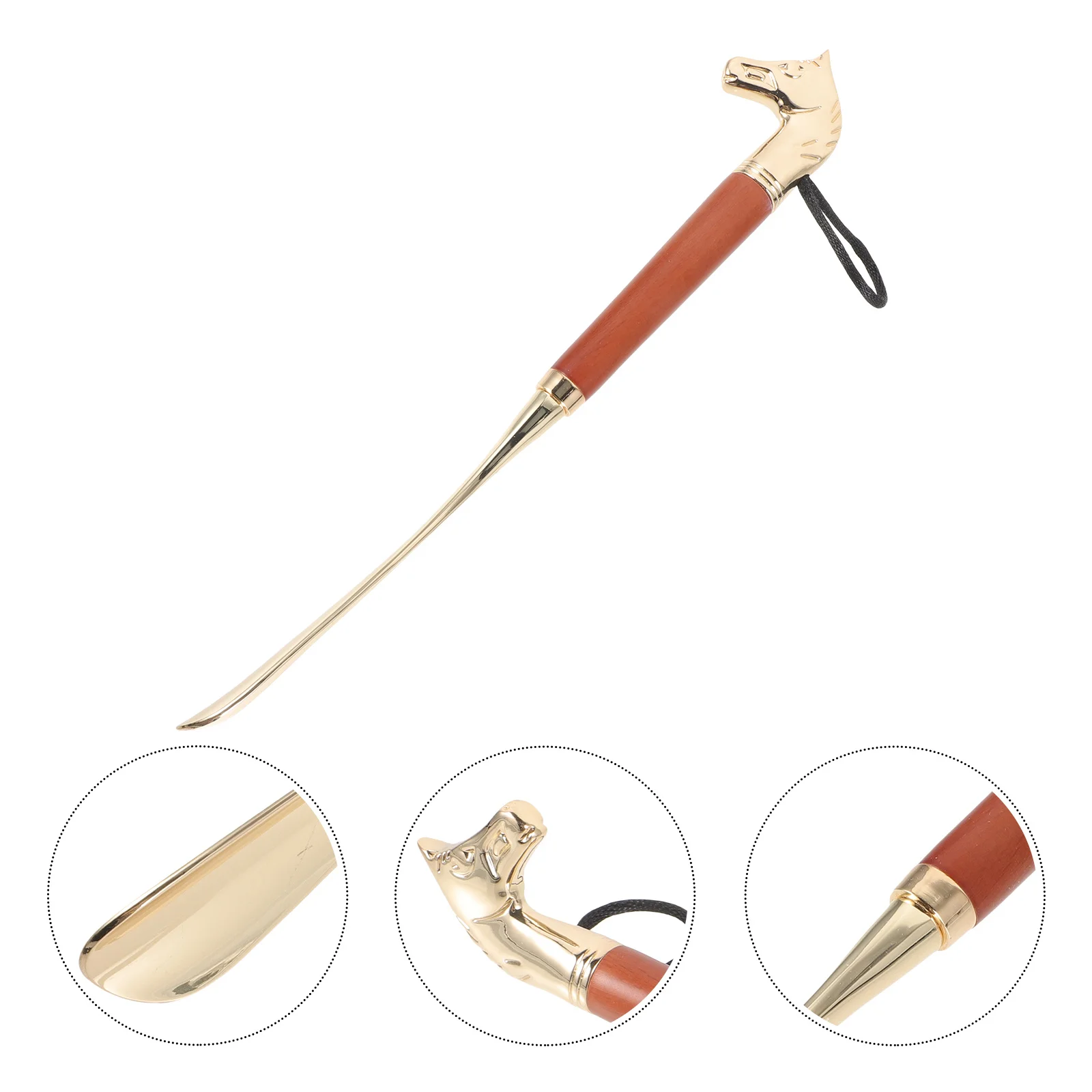 Horse Head Shoehorn Long Handle Premium Wood Copper Shoe Helper Easy Aid for Seniors Shoes and Boots Shoe Horn
