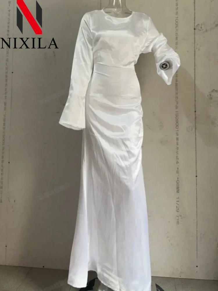 New Spring Autumn Womens Long Dresses Fashion Simple Round Neck Satin Flare Sleeve Lace Up Slim Evening Female Sexy Party Dress