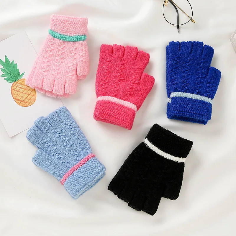 Warm Half Finger Gloves for Kids Writing Jacquard Knitted Gloves for Winter Students Children Boys Girls Warm Gloves