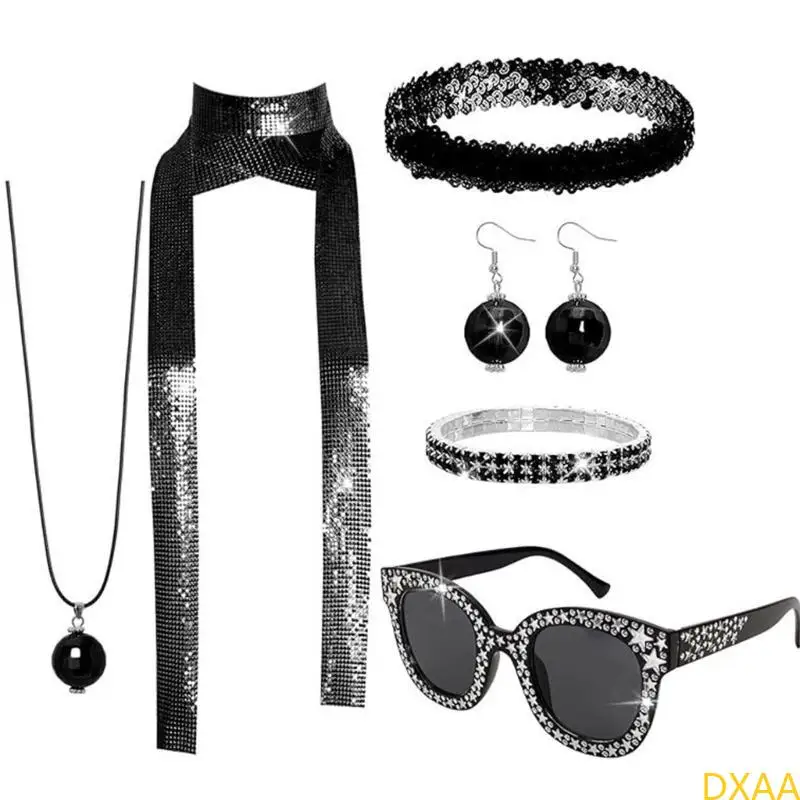 DXAA 60S 70S 80S Disco Accessoires Halloween Kostüm Schmuck Sonnenbrillen Pailletten Kopfbandkugel Ohrringe Neacklace Brabänder