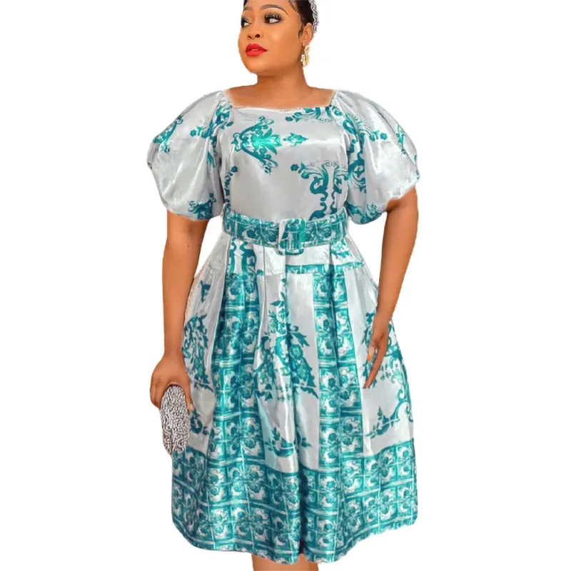 

2023 African Print Dresses Summer Elegant African Short Sleeve Blue Purple Green Polyester Dress Dashiki African Dresses Women