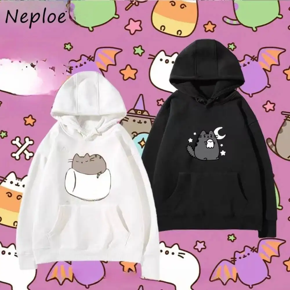 Cotton Casual 2025 Early Spring New Sweatshirt Loose All-Match Print Cat Hip Hop Y2K Hoody Streetwear Trendy Goth Hoodie