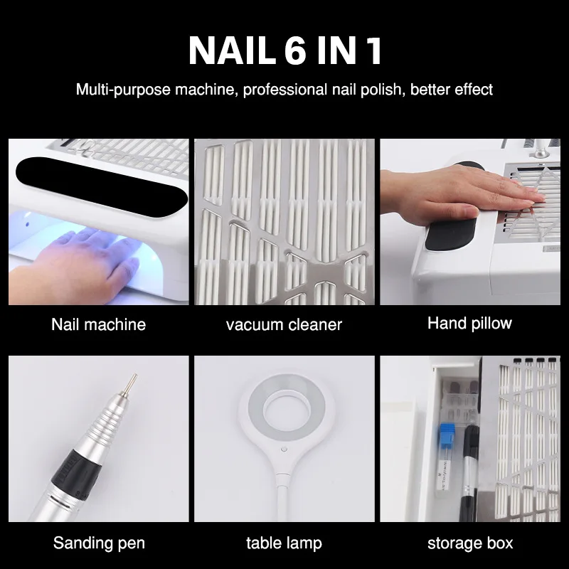 Multifunctional Nail Machine, Phototherapy Lamp, Nail Lamp, Nail File, Vacuum Cleaner, Lighting Lamp, Storage Box, Hand Pillow