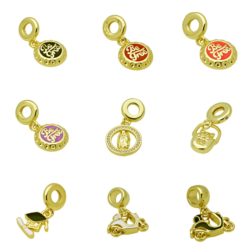 5 pcs/lot Gold Plated Brass Dangle Charms Be Free Bottle Cap Virgin Mary Scooter Hat Lock Beads For Bracelet Necklace Making