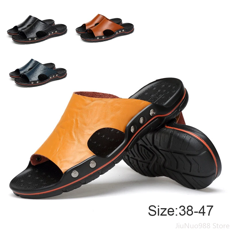 Big Size Men Slippers Summer Genuine Leather Casual Slides Street Fashion Beach Shoes Cow Leather Sandals