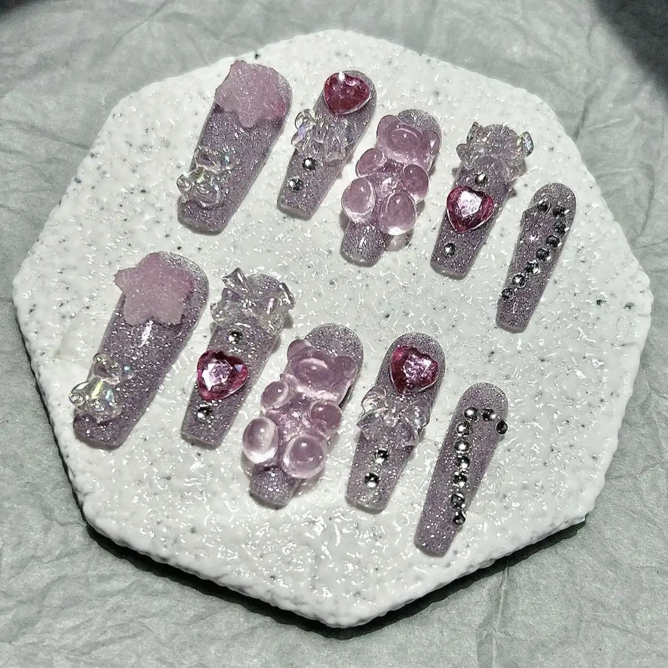Cartoon Cute Pink Smoothie Nail Art Bow Bear Star Bling Fake Nails Pink Sweet Girly Girl Handmade Wear Nails