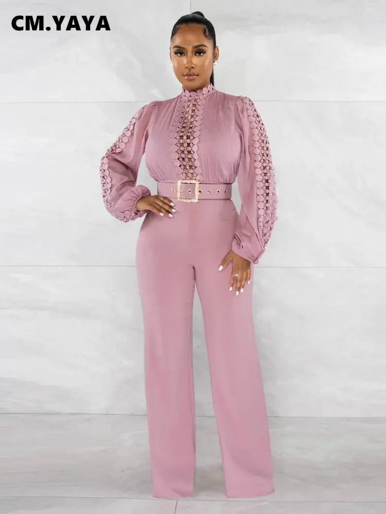 

Fashion Women Embroidery Patchwork with Sashes Long Sleeve Wide Leg Jumpsuit 2024 Summer Playsuit One Piece Suit Romper