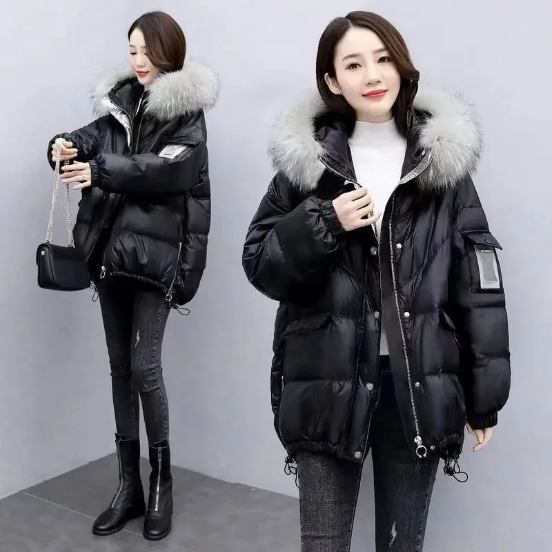 Oversized Down Cotton Jacket 2024 New Women\'s Mid Length Korean Version Loose Thicken Jackets Big Fur collar Winter Hooded Coats