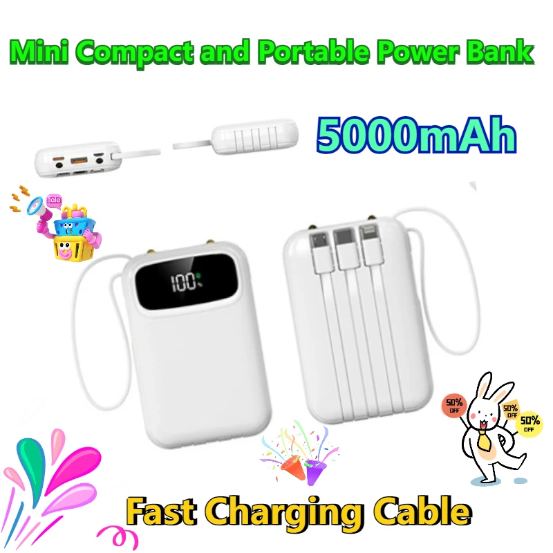 

5000mAh Mini Compact and Portable Power Bank with Fast Charging Cable