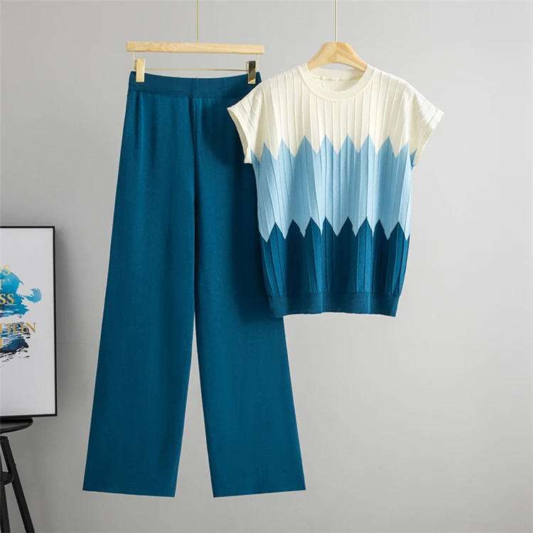Damen Sommer Mode Kurzarm Rundhals Farbblock Strick-Set Locker Bequeme Weite Hose Zweiteiler – Detail 5