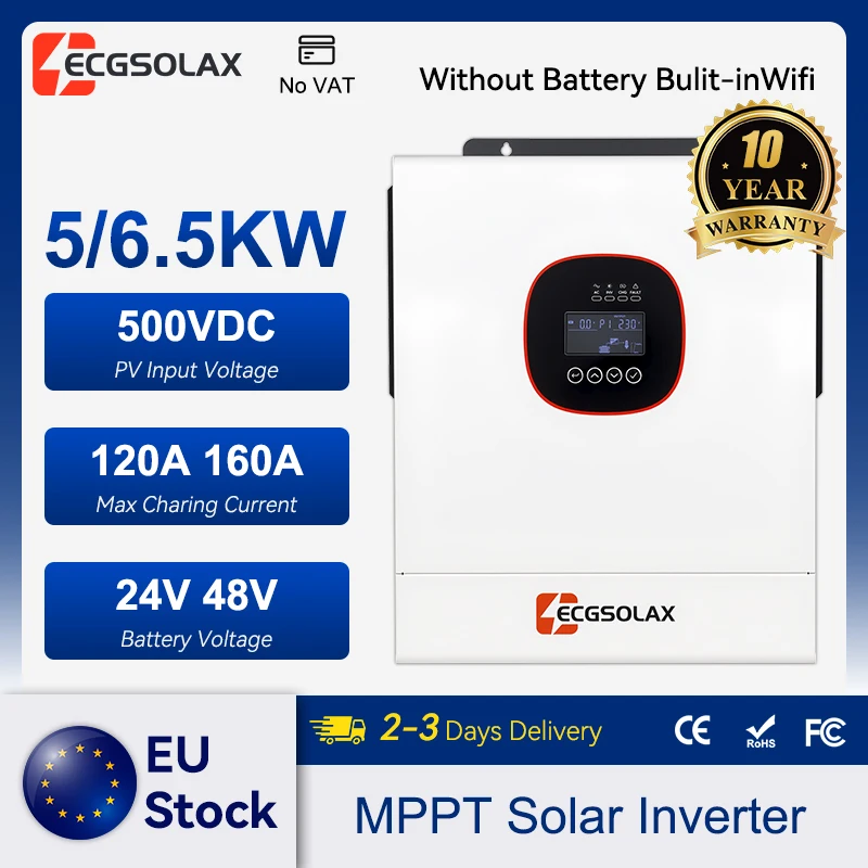 Image of ECGSOLAX Neuer 5KW 6.5KW Solar-Hybrid-Wechselrichter 24V 48V 230Vac Off-Grid-Solar-Wechselrichter mit MPPT 120A 160A Laderegler, eingebautem WIFI, Hybrid-Solar-Wechselrichter, max. PV 500VDC