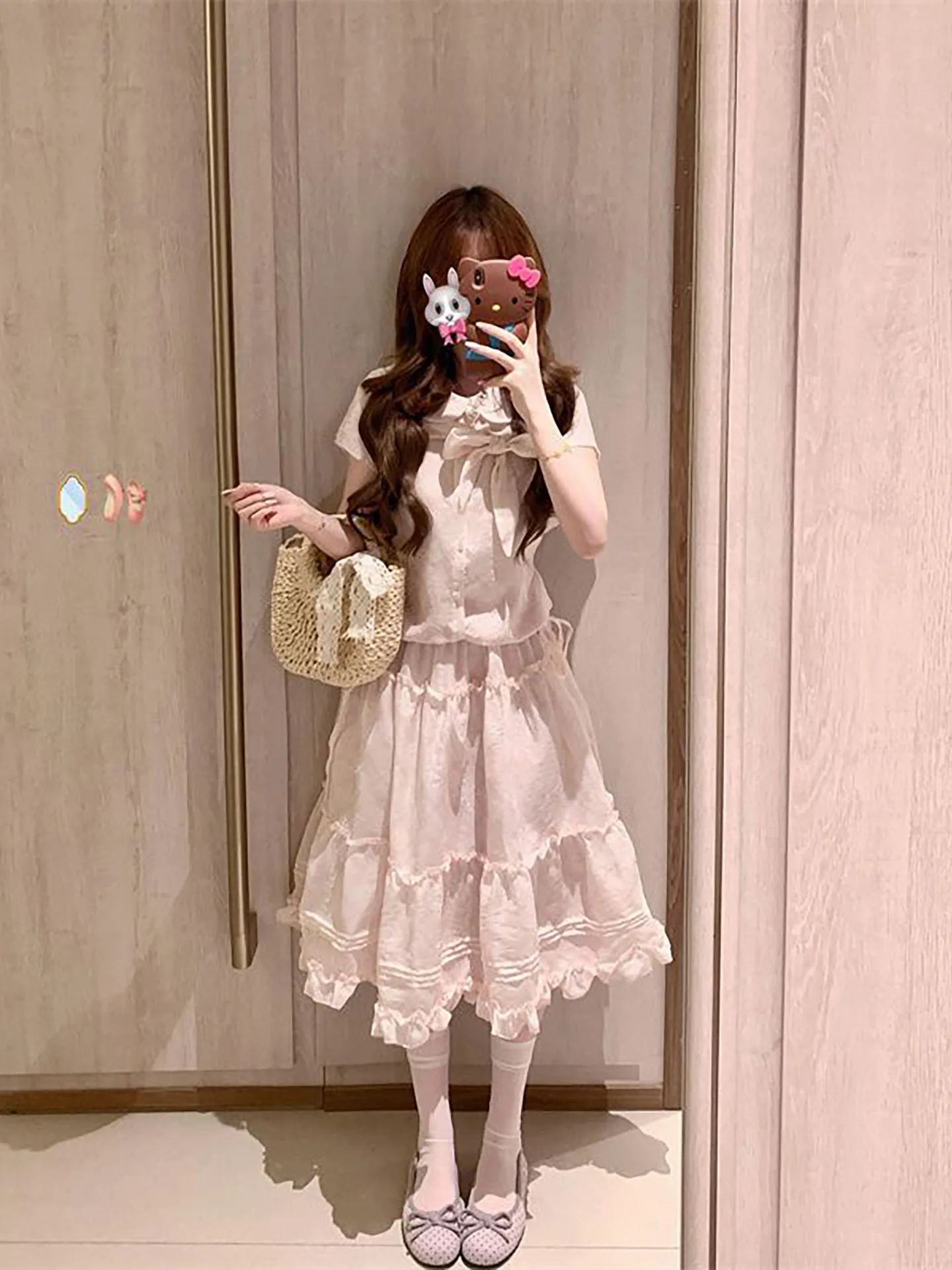 

Pink Doll Collar Blouse And Skirt Set with Bow Tie Female Summer Fashion Two-Piece Suit Short Sleeve Regular Fit Casual Wear
