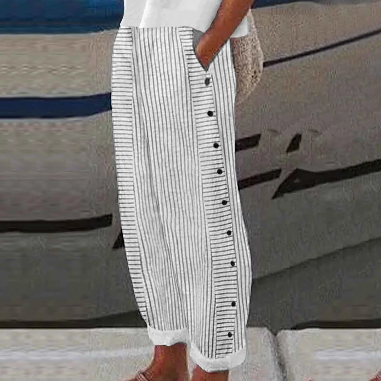 

Women's Pants 2024 Summer New Fashion Stripe Printed Button Nine Minute Pants Loose Casual Versatile Beach Pants With Pockets