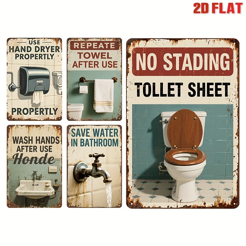 5pcs, 2D Flat, Set of 5 Vintage Metal Signs for Bathroom Decor, Featuring Humorous Toilet Quotes, 20.32X30.48 cm