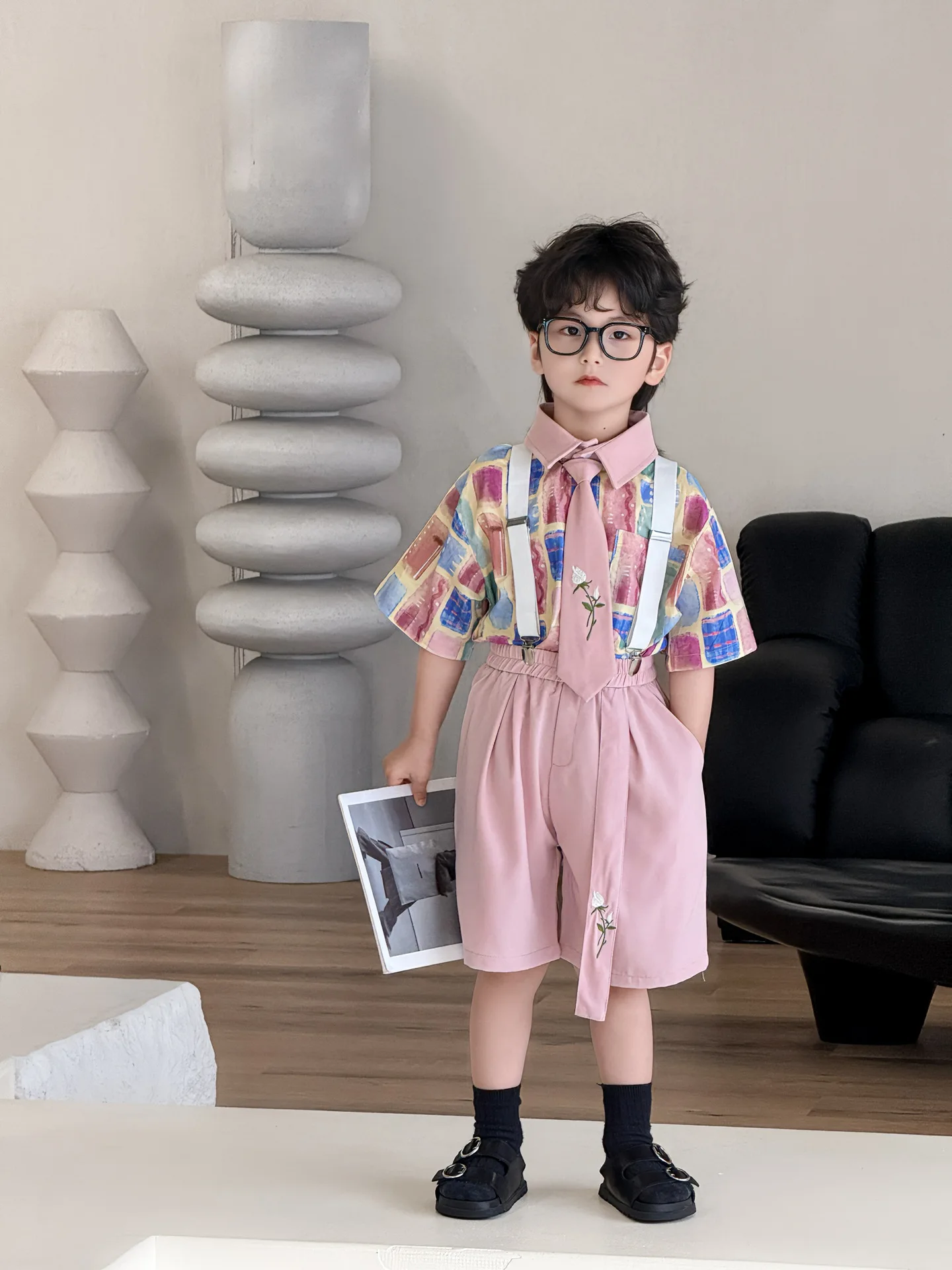 Boys Suit 2026 Spring And Summer New Childrens Wear Boys Baby Holiday Casual Short-sleeved Shirt Tie Shorts Three-piece Set