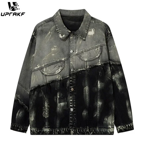 

UPRAKF Gradient Color Mud Dyed Patchwork Jacket Retro Black Baggy Jeans Coat Casual Outwear Tops High Street Fashion