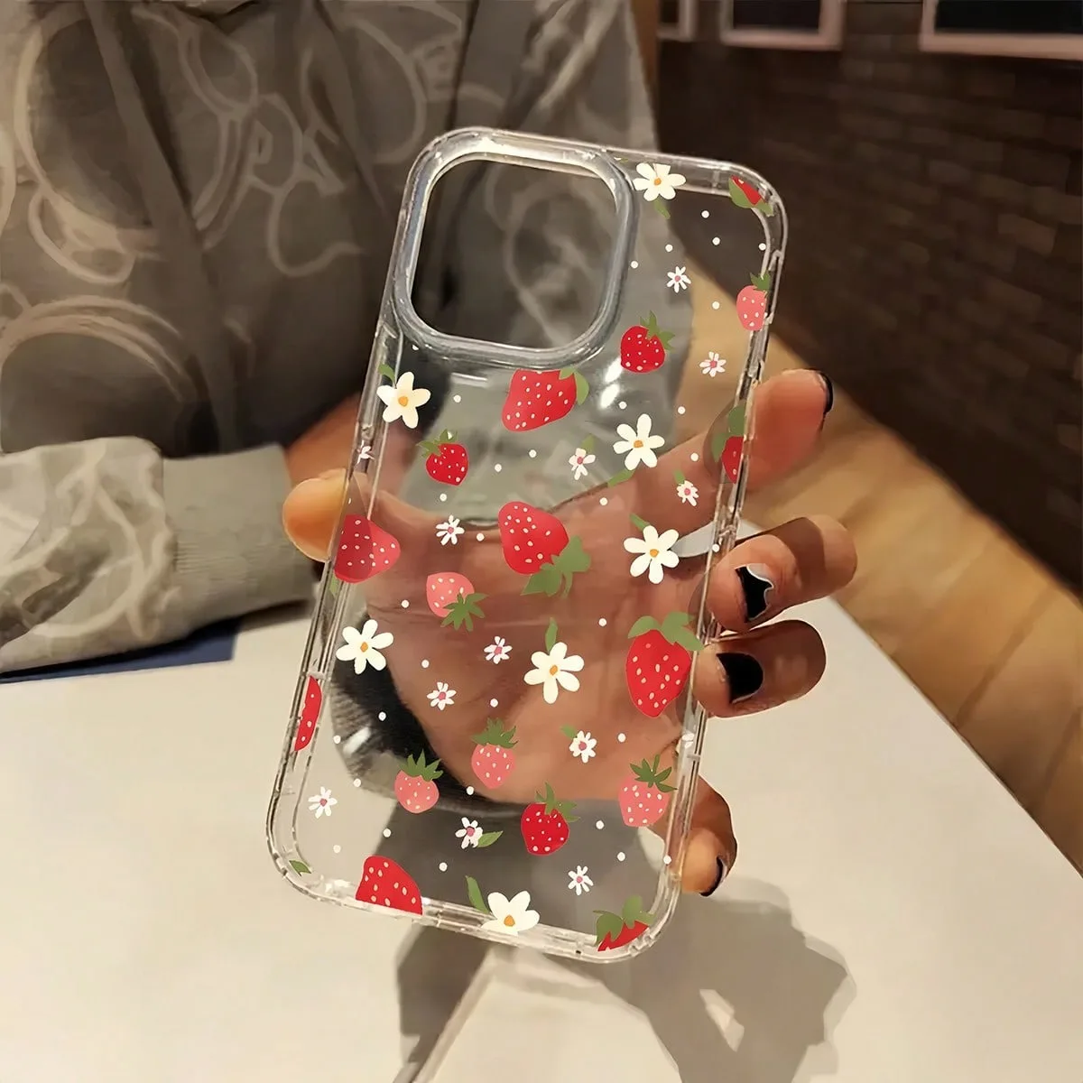 

Shock-Absorbing Transparent Minimalist Floral Strawberry Phone Case For iPhone 16 Pro Max XS X XR 11 12 13 14 15 7 8 Plus Cover