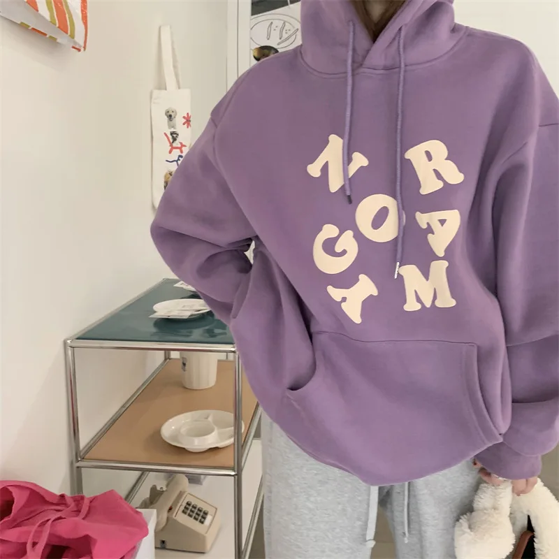 Letter Print Hoodie Women Korean Casual Y2k Long Sleeve Pullover Tops Hood Shirt Autumn Winter Harajuku Oversize Sweatshirt New