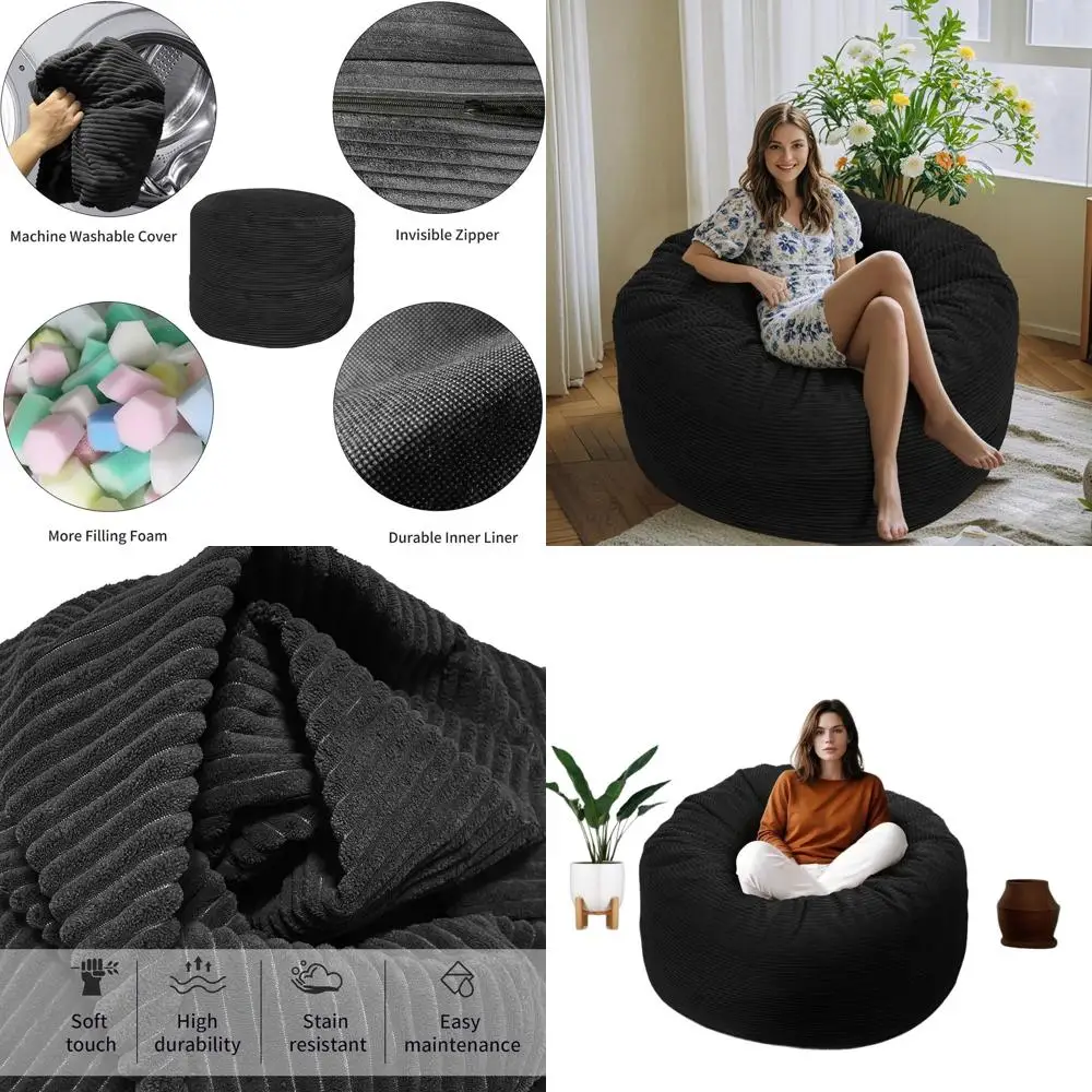 

Кресло-мешок из пены с эффектом памяти для взрослых, с высокой степенью упругости, со съемным чехлом, для игр, чтения и отдыха, черное