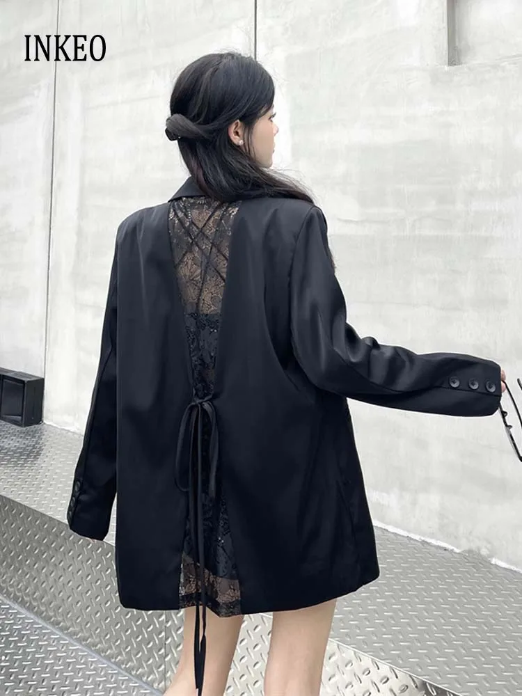 

Sexy Lace patchwork blazer Hollow out Women Black 2025 Spring Summer shiny satin jacket Oversize Stylish Coat INKEO 5O041