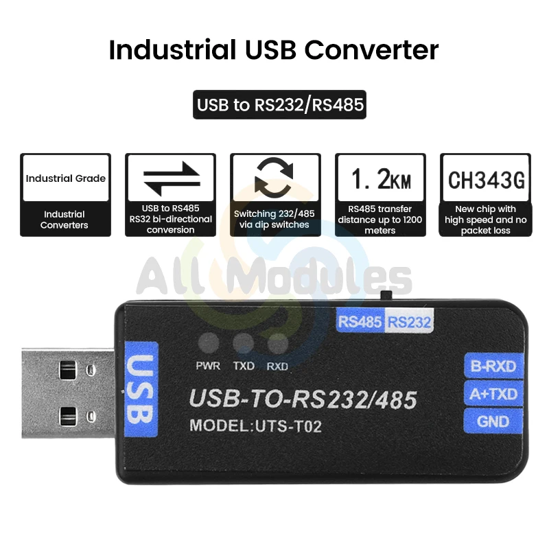 USB to RS485/RS232 Communication Module Bidirectional Half Duplex Serial Line Converter CH343G Plug And Play