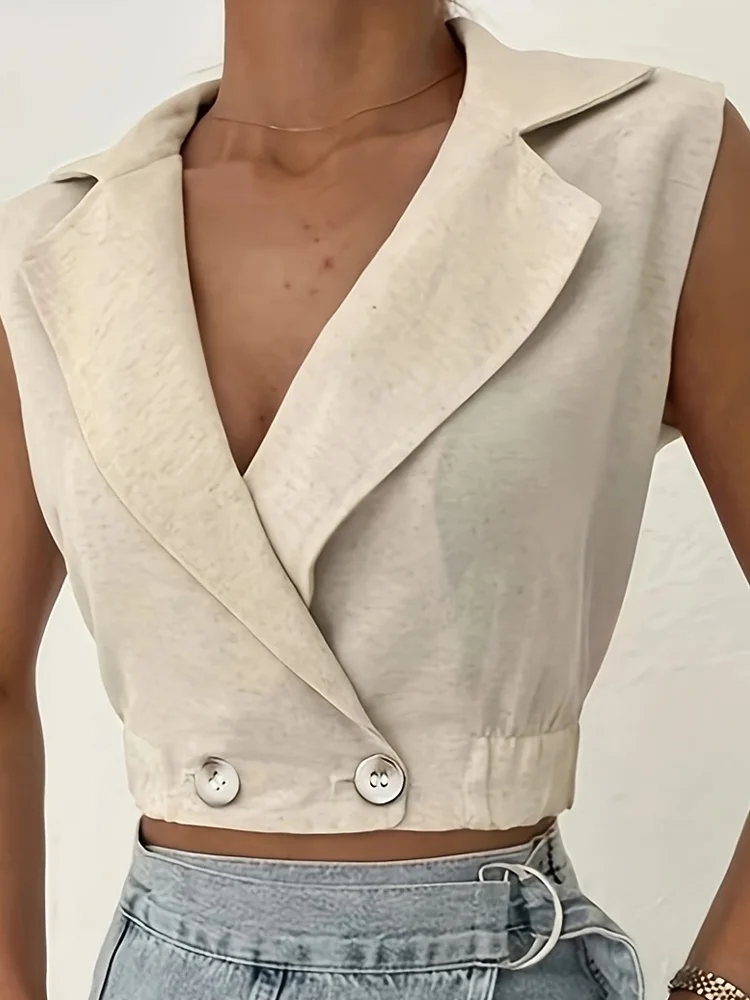 

Модный женский бежевый блейзер без рукавов с глубоким v-образным вырезом, короткий двубортный облегающий тканевый элегантный повседневный офисный топ