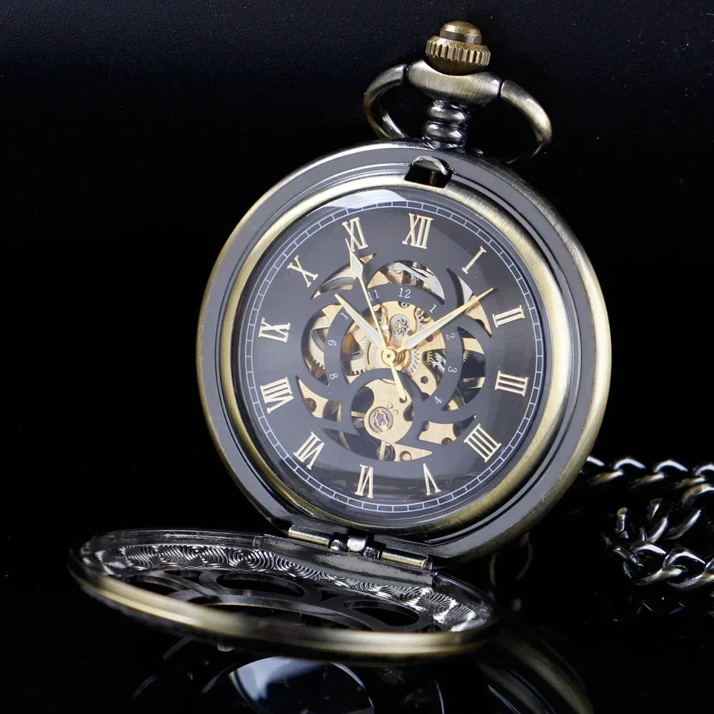 Retro Flower Hollow Skeleton Automatic Mechanical Pocket Watch Mens Fob Chain Steel Exquisite Sculpture Women Roman Numerals