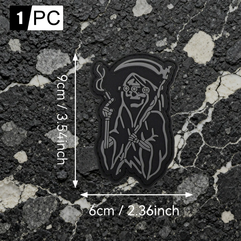 Luminous PVC armband with a scythe-wielding skull alien design, comes with matching hook-and-loop accessories, suitable for casual jackets, personal accessories, and DIY decorative patches view 2