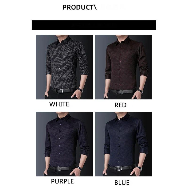 BROWON Fashion Men Shirts Long sleeve Shirts for Men Turn-Down Collar Print Slim Fit Smart Casual Work Shirts Men Clothing