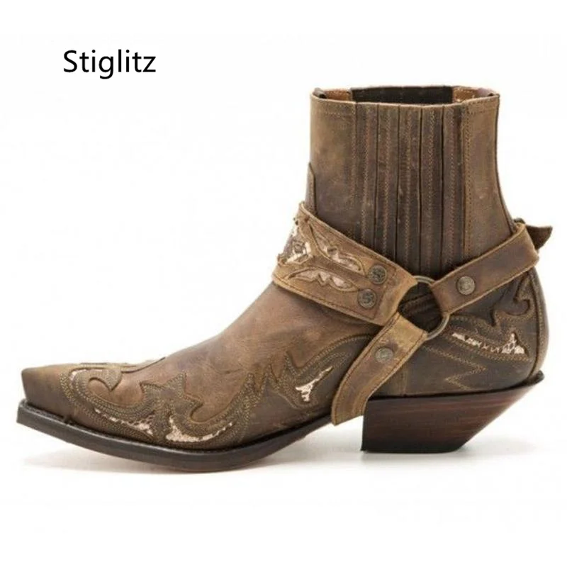 Retro Western Cowboy Boots for Men Brown Ankle Boots Men\'s Spring and Autumn Circle Buckle Riding Motorcycle Boots Male Shoes