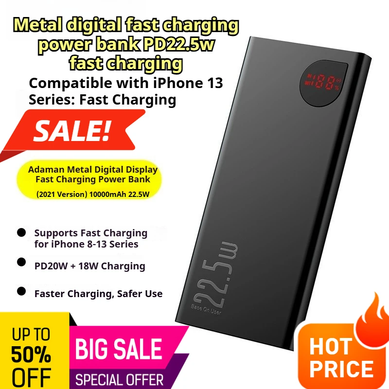 

Metal digital display mobile power bank 10000mAh fast charging portable battery power bank suitable for iPhone laptops